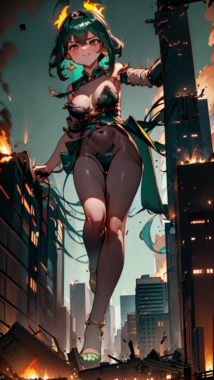 Amongst towering skyscrapers, the Giantess Goddess with obsidian-black skin and glowing green eyes stands tall. Normal-sized humans scatter in terror as she steps forward, each tremor causing buildings to collapse. She plucks people from the streets, savoring their panic and pain.

