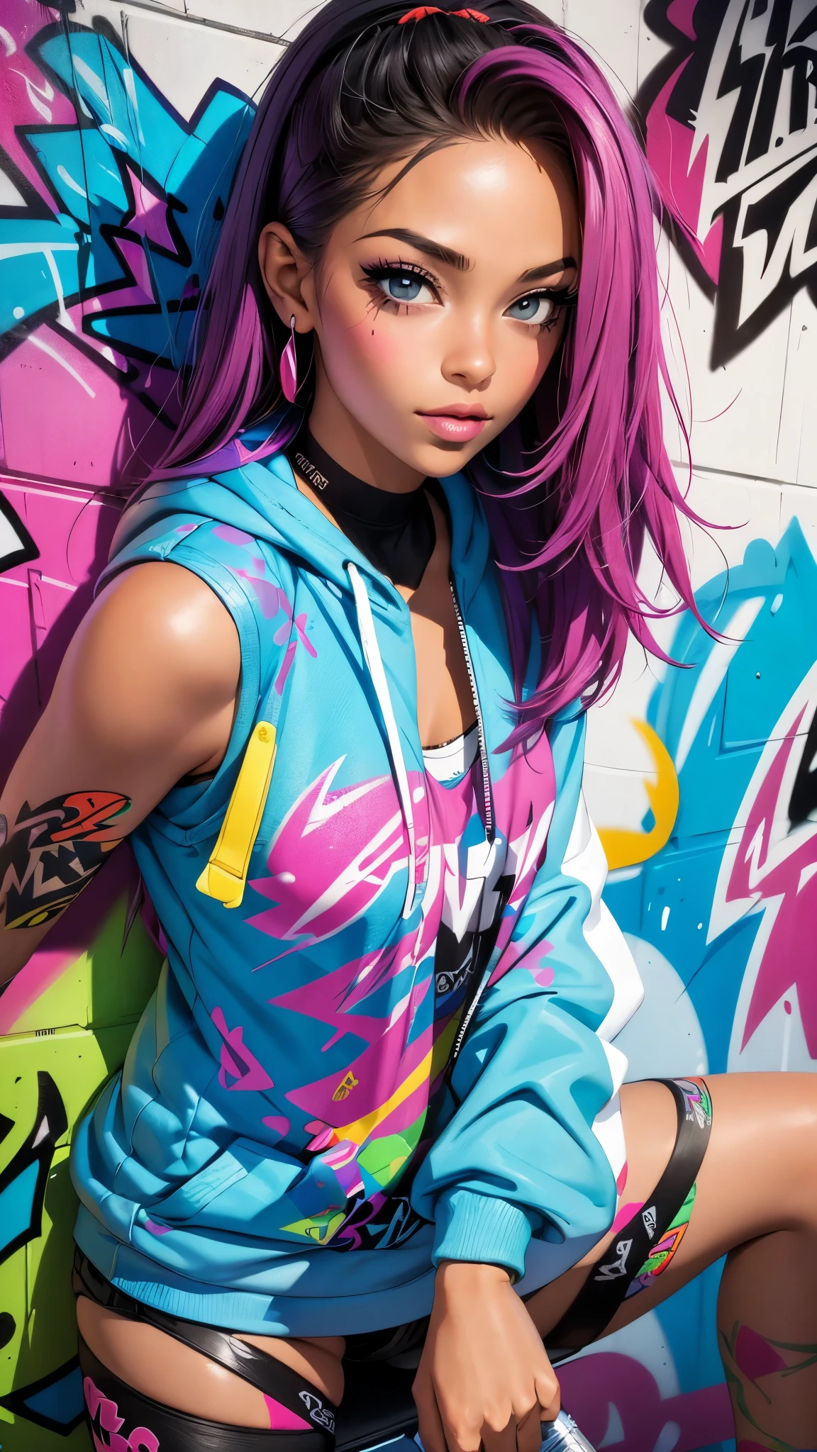 (best quality), (high detail), (vivid colors), (graffiti style), (freestyle), (Close up), (1girl), young sexy female graffiti artist, spraying graffiti on a wall painted with street art, HDR, 8K, 3D, graffiti art style.