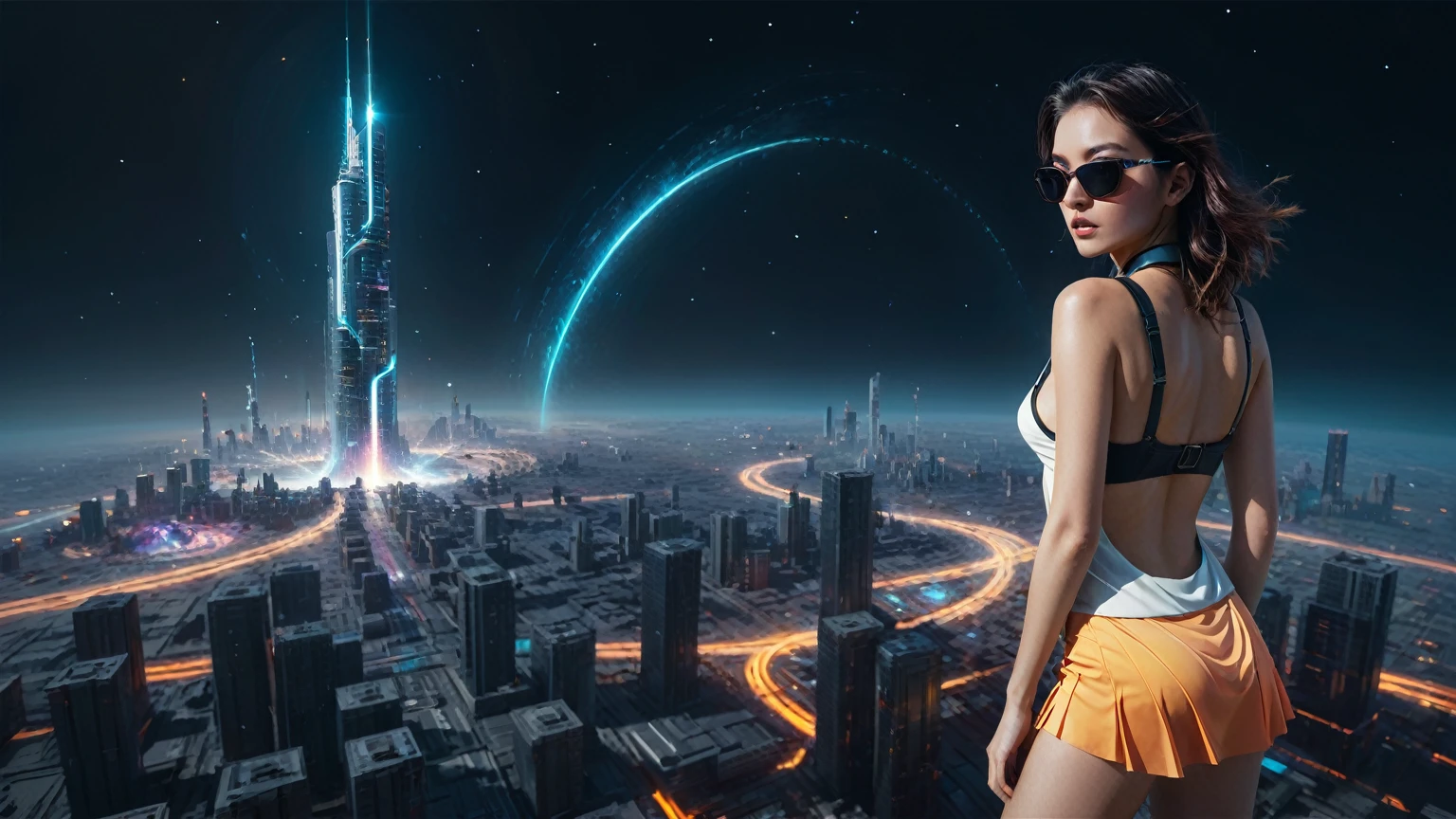 aerial view. brightly colored abstract image of a space station with a spiral, epic beautiful space scifi, chaotic cinematic space rift, greg beeple, planets colliding, beeple and tim hildebrandt, beeple and jean giraud, end of the universe, galaxy space sci-fi, ringworld, by Mike "Beeple" Winkelmann. Matrix style, (((((Matrix cascading code))))), (((((a futuristic twin tower skyscraper with a unique twisted design))))), (((((OLED GUI interfaces in the building))))), at night, (((((1girl, solo))))), photo realistic, (((large-breast:1.2 slim body, cleavage))), (((off broken mini sling-shirt and black sling bra, extreamly short pleated miniskirt exposing panty))), (((((running pose))))), (((((matrix style black sunglasses))))), ((((((((((aiming with a short gun)))))))))), (((((looking at camera))))), (((very low view))), (((((half-body thigh level medium shot))))), (((cinematic lighting))).