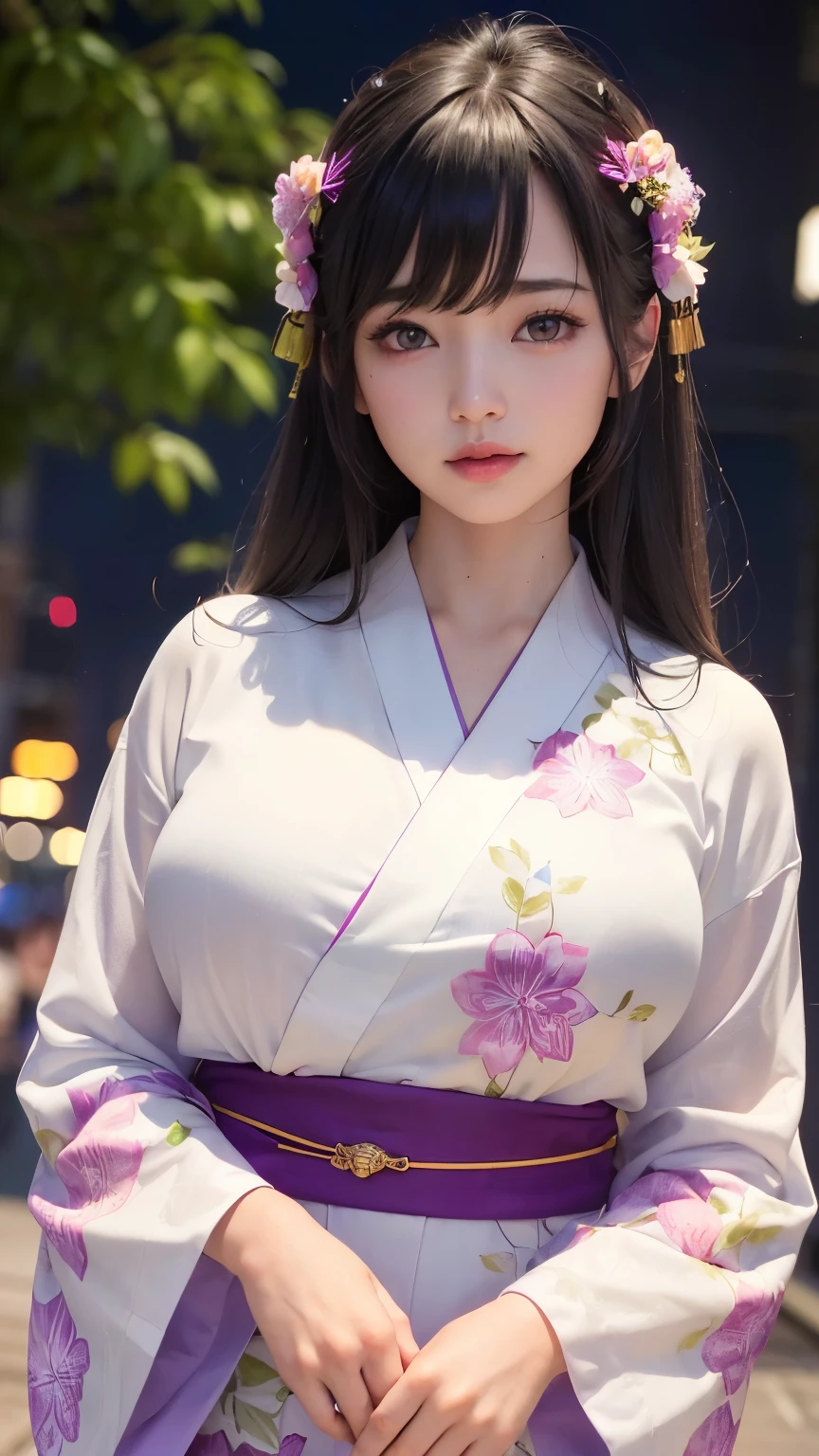 Masterpiece, best quality, high resolution, venus1,1girl, solo, Tsuko Kamato, bamboo, brown hair, (((pink ribbon)) checkered belt, gag, gag, gradient hair, haori, japanese clothes, kimono, long hair, looking at the audience, pink eyes, pink kimono, pink ribbon, solo, perfect big breast