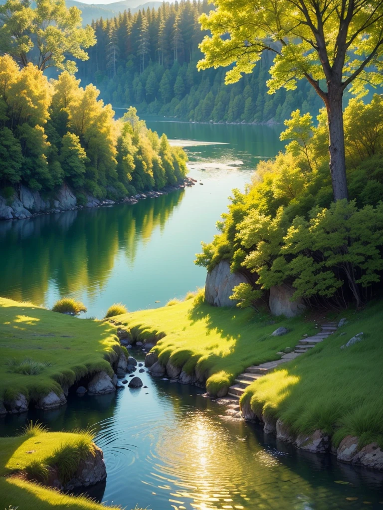 (Best Quality,4K,8K,hight resolution,masutepiece:1.2),Ultra-detailed,(Realistic,Photorealistic,Photorealsitic:1.37),Scenic,Nature,Gorgeous landscapes,Mesmerizing view,Colorful,calm mood,fresh air,sunlit,Transparent water,rich greenery,Thriving trees々,peaceful lake,vivid flowers,Breathtaking sunset,Golden sunlight,Gently shake the grass,The soothing sounds of nature,tranquil atmosphere,Calming effect,Exhilarating environment,Nurturing Beauty,Pristine landscape,Untouched wilderness,Natural harmony,A moment of bliss.