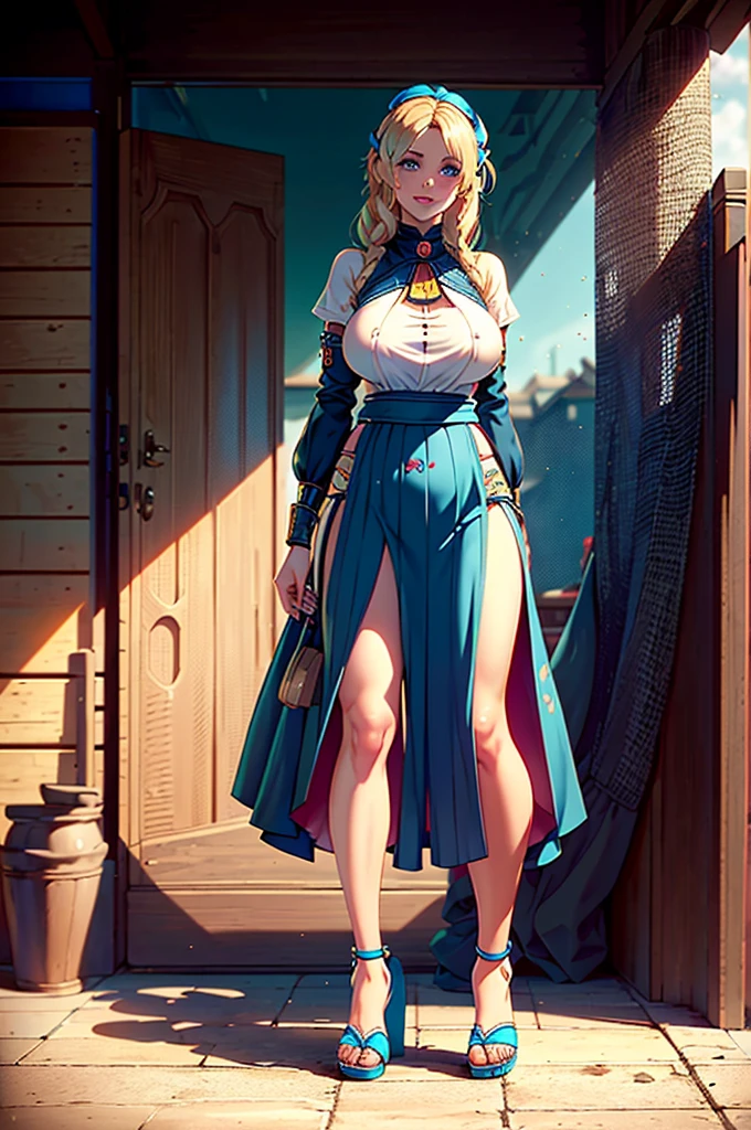 ,boba, short waits, shorth hair, lipstick, Broad Hips,  huge, , Breastsmilf,hair blonshorth hair, lipstick, make up, , (blue colored eyes), perfects eyes, aretes, smiling, blushful, going,priestess, park, , going Finger sandals, longskirt, medieval clothes, standing alone, corvo floral, employees, magician, whole body, Finger sandals, medieval village, long robot, longskirt, big skirt, pants