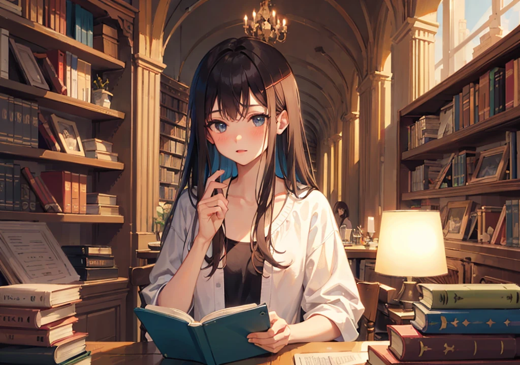 Brunette color hair, black eye,  Girls, evening, One person, A beautiful girl reading a book in a cozy, old library, surrounded by shelves filled with books