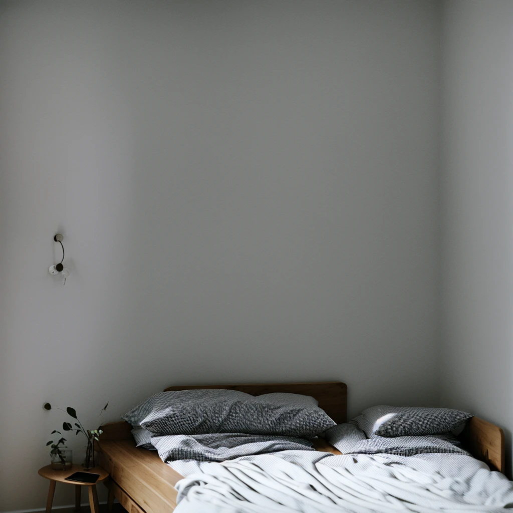 there is a bed with a blanket on it in a room, cozy bed, minimalistic and beautiful, natural light in room, pristine and clean design, small bed not made, soft grey and blue natural light, serene bedroom setting, clean and pristine design, white bed, un made bed, minimalistic design, bedroom background, in a bedroom, cozy and calm