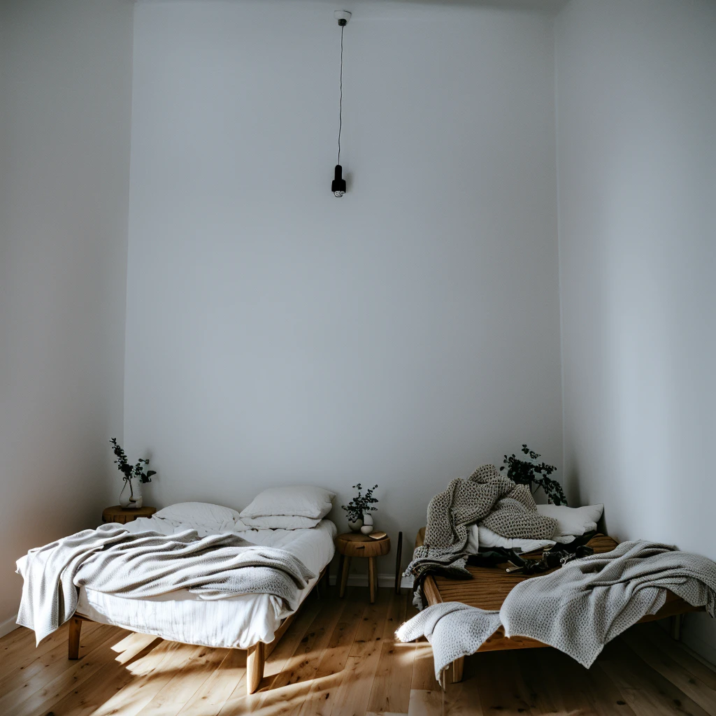 there is a bed with a blanket on it in a room, cozy bed, minimalistic and beautiful, natural light in room, pristine and clean design, small bed not made, soft grey and blue natural light, serene bedroom setting, clean and pristine design, white bed, un made bed, minimalistic design, bedroom background, in a bedroom, cozy and calm