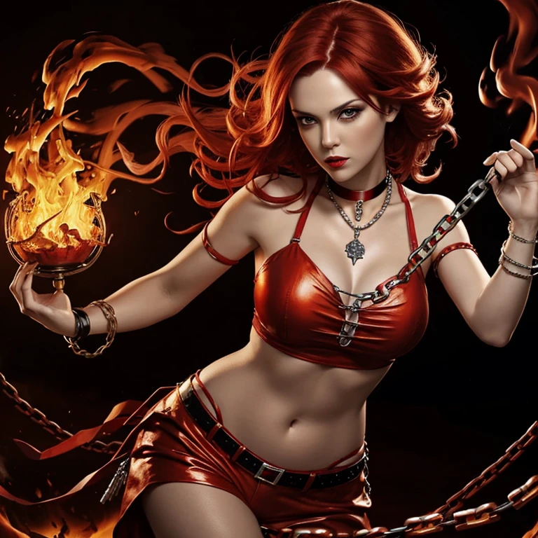 oil painting, white woman, with short bright red hair, chains, handcuffs and red liquid background, phoenix flames, character photography, dawn, free pose, smoke, orange metal jewelry, proto metal, choker, fire tornado