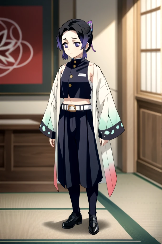 EFT_Shinobu, 1girl, kochou shinobu, demon slayer uniform, butterfly hair ornament, solo, hair ornament, purple hair, multicolored hair, purple eyes, black hair, gradient hair, belt, short hair, sheath, long sleeves, empty eyes, parted bangs, no pupils, bangs, white belt, blurry background, indoors, full body, blurry. standing, hands down, crop top, bare shoulder, 