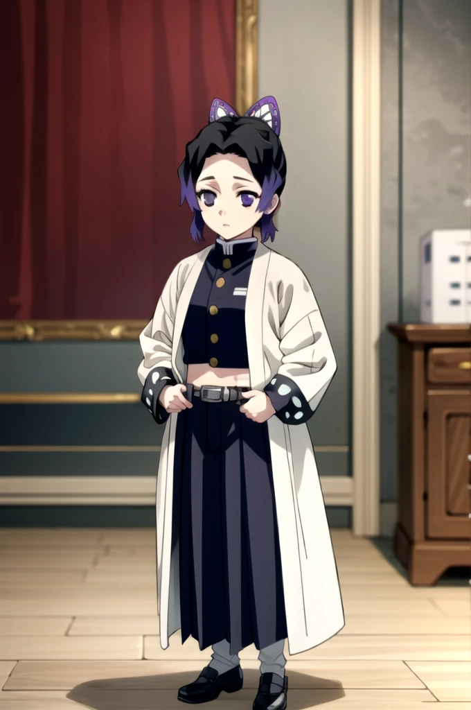 EFT_Shinobu, 1girl, kochou shinobu, demon slayer uniform, butterfly hair ornament, solo, hair ornament, purple hair, multicolored hair, purple eyes, black hair, gradient hair, belt, short hair, sheath, long sleeves, empty eyes, parted bangs, no pupils, bangs, white belt, blurry background, indoors, full body, blurry. standing, hands down, crop top, bare shoulder,