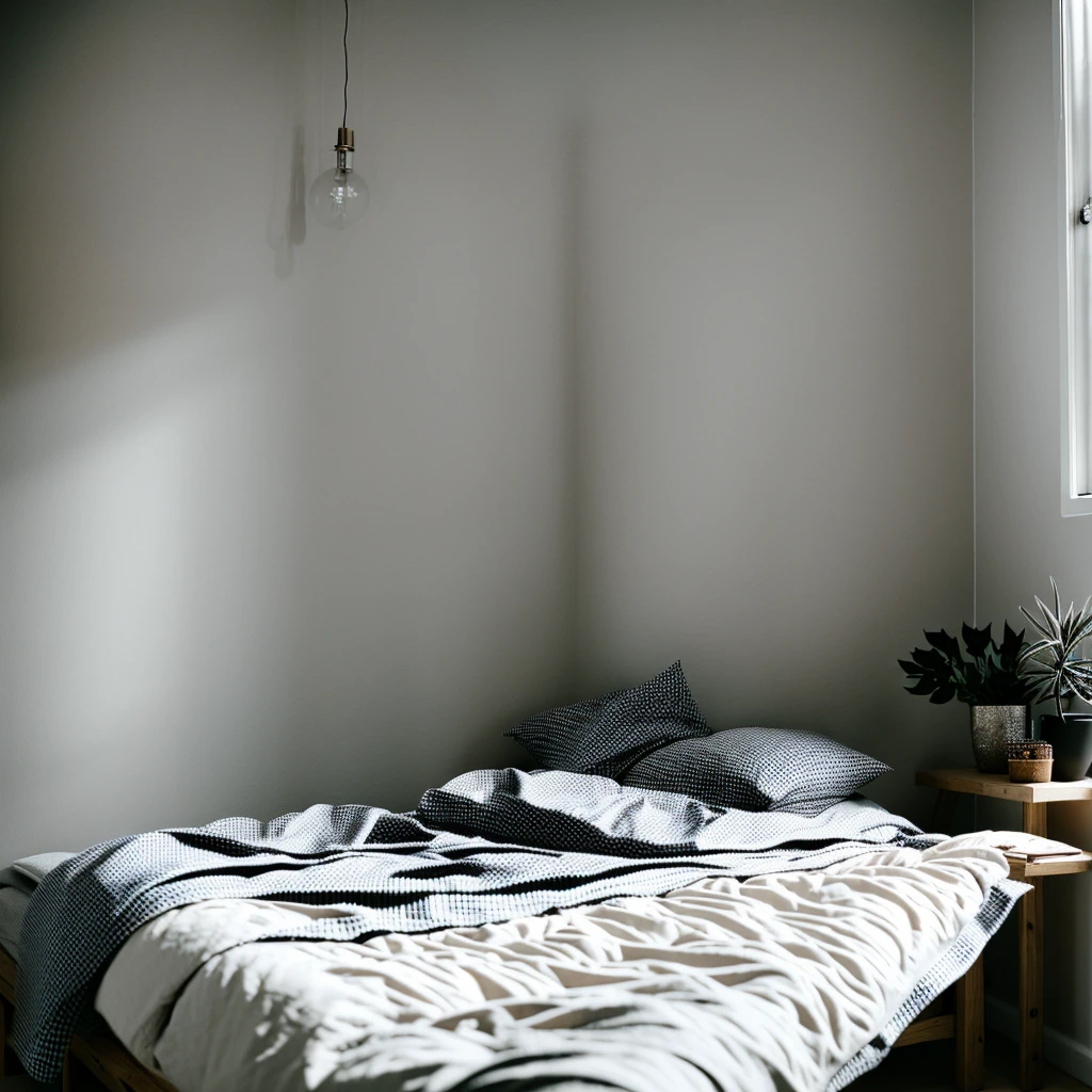 there is a bed with a blanket on it in a room, cozy bed, minimalistic and beautiful, natural light in room, pristine and clean design, small bed not made, soft grey and blue natural light, serene bedroom setting, clean and pristine design, white bed, un made bed, minimalistic design, bedroom background, in a bedroom, cozy and calm