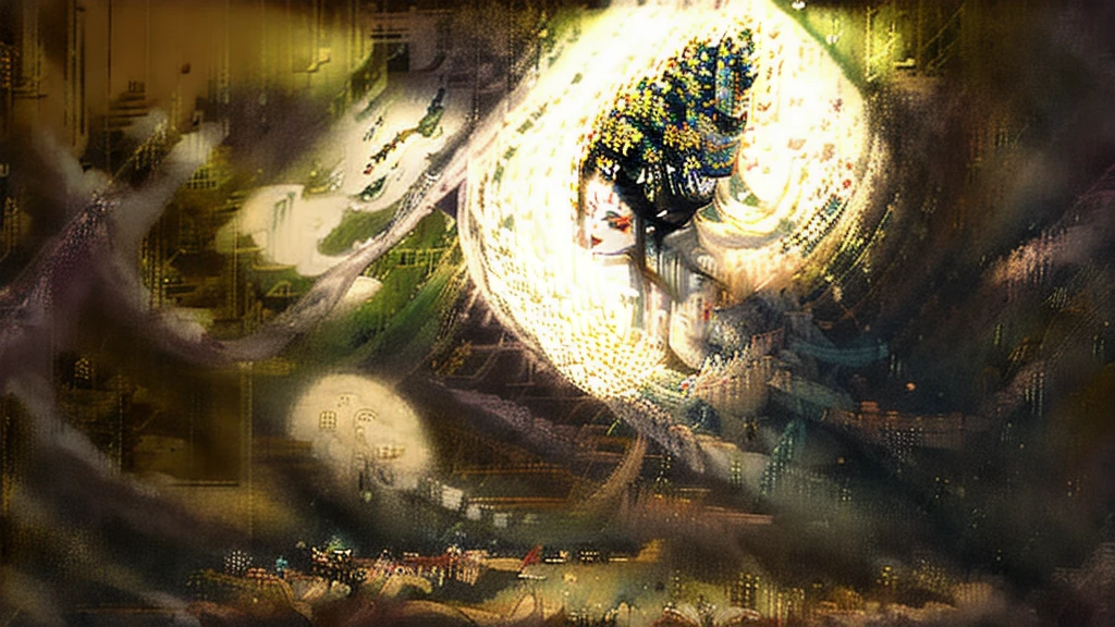 filmposter，Illustration scenes，Best quality, Masterpiece:1.2), (offcial art, Extreme detail), cinematic compositions，（scenography），Magnificent Chinese-style architecture，the forbidden city，Depth-of-fie，symmetrical design，Huge building，cyber punk perssonage（（Antique tower，The stonework，Ancient bridge，lake water，the trees，Chinese lamps，neonlight）），rich details​，Ancient Chinese Tang Dynasty style，Antique sci-fi atmosphere，Extreme light and shadow，Delicate and soft painting style，film level light effect，high-definition picture quality，the soft light，Dingdall effect，Ghost ape painting style，rich details​，Refer to Gu Kaizhi，32K，High picture quality，A high resolution，（Very detailed CG unity 8K wallpaper），full bodyesbian,A goddess, Beautiful facial features，Chinese costume, Hanfu, Headwear, Hair accessories, Earrings, jewelry,Fairyland on earth, Soft light, Tradition Chinese Ink Painting,delicated face，Normal hands