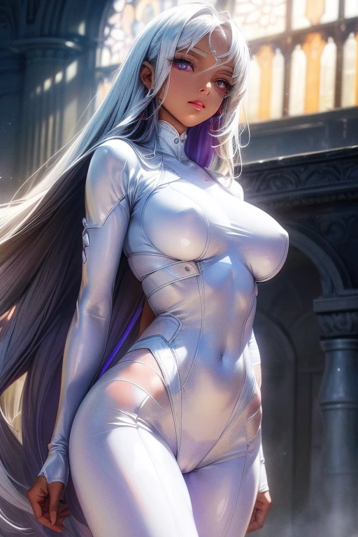 A with pure white straight hair, Dark Skin, Latin, Purple Iris, Delicate eyes, Delicate face, A white bodysuit that shows off your body lines,Light, Voluptuous body,Realistic concept art with strong backLighting