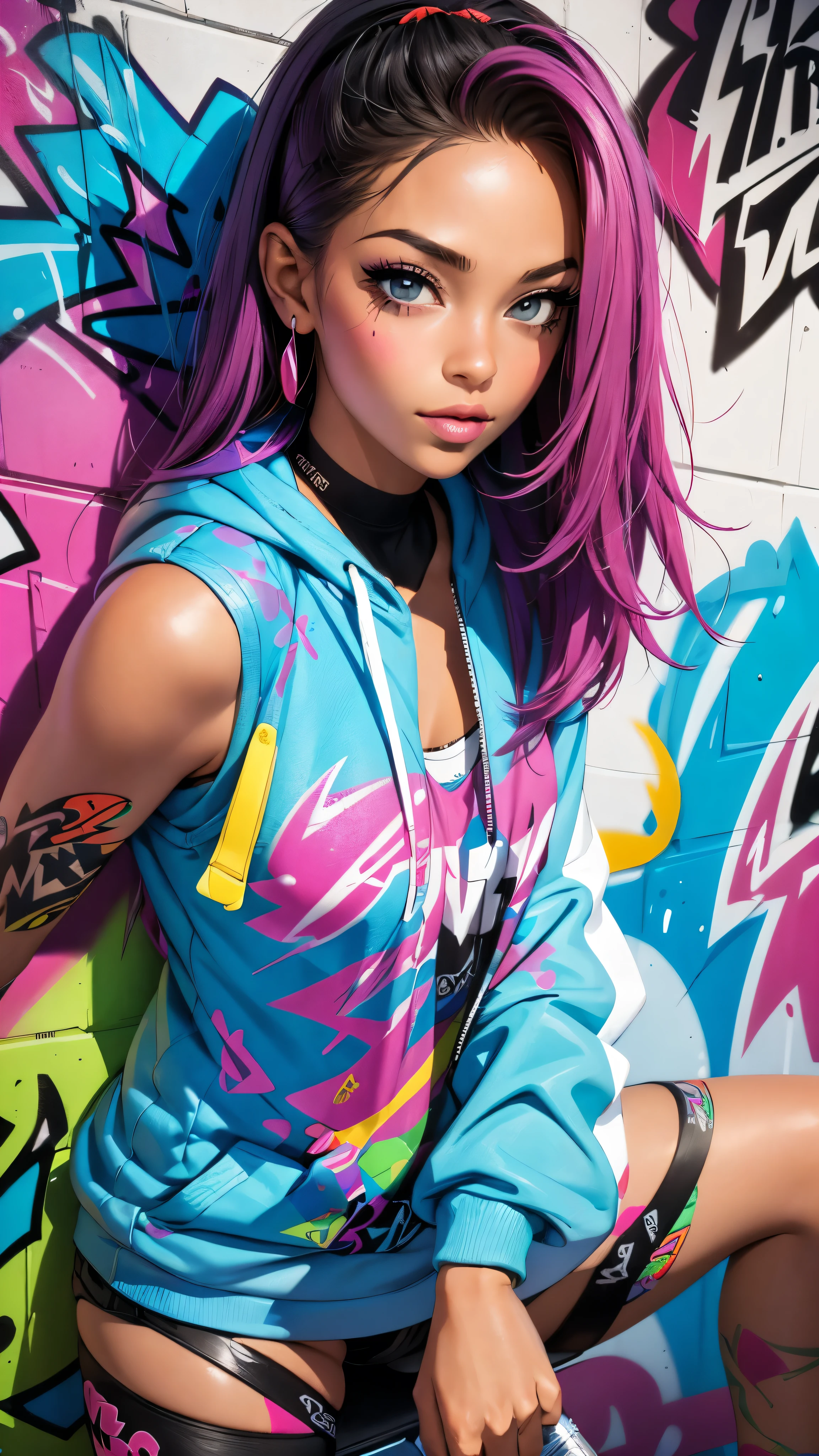 (best quality), (high detail), (vivid colors), (graffiti style), (freestyle), (Close up), (1girl), young sexy female graffiti artist, spraying graffiti on a wall painted with street art, HDR, 8K, 3D, graffiti art style.