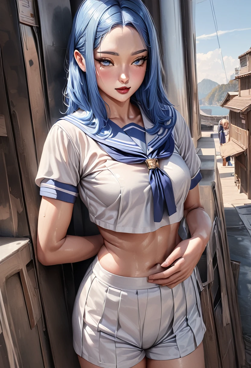 (masterpiece, top quality, very aesthetic, 4k、super detailed), (Realistic, Photorealistic: 1.37),intricate detail, 1girl,stand、cowboy shot:1.3、
kind eyes、tareme:1.4,Cute Face、blue hair:1.5、middle hair,sidelock :1.4,,blue eyes:1.2、clear face、solo、sailor uniform、medium ,Slim Body、JK
