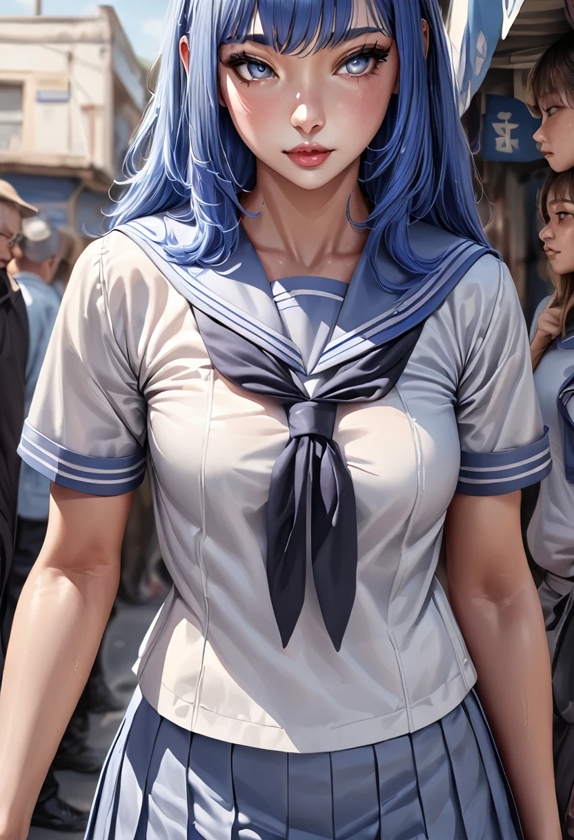 (masterpiece, top quality, very aesthetic, 4k、super detailed), (Realistic, Photorealistic: 1.37),intricate detail, 1girl,stand、cowboy shot:1.3、
kind eyes、tareme:1.4,Cute Face、blue hair:1.5、middle hair,sidelock :1.4,,blue eyes:1.2、clear face、solo、sailor uniform、medium breasts,Slim Body、JK