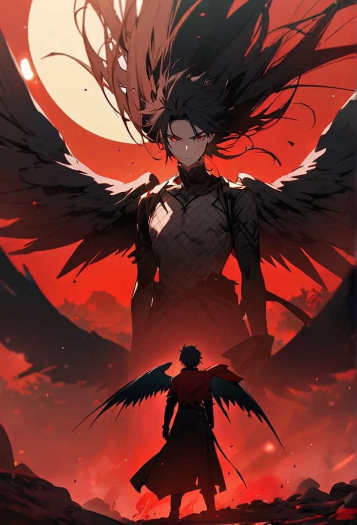 man,I have black hair,red eyes,It has black wings.,Standing amid the red mist,Beautiful view,High quality