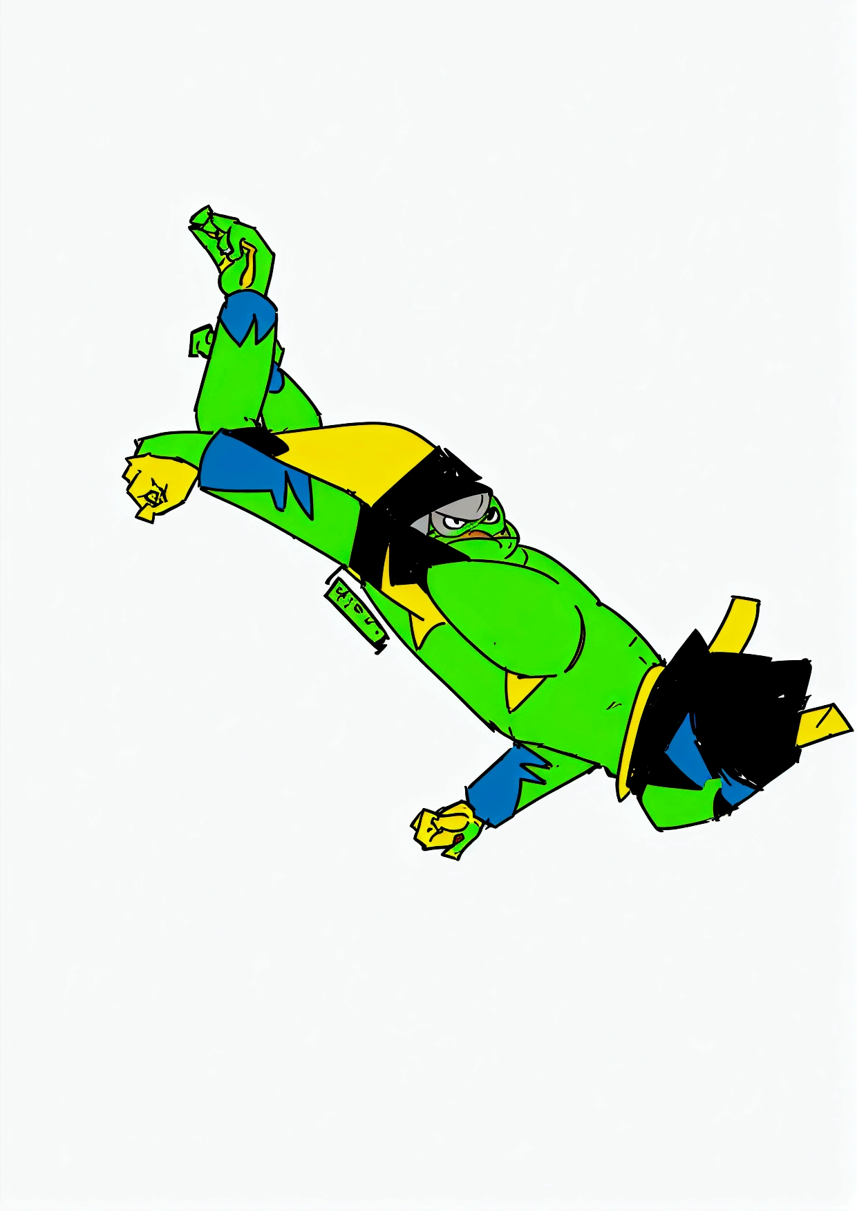 cartoon of a green and yellow bird flying through the air, positing on rock super hero pose, basil flying, super super dynamic dynamic pose, arms akimbo pose, style of jet set radio, heroic jumping pose, heroic action pose, as an anthropomorphic turtle, anthropomorphic turtle hero, merged character, character is flying