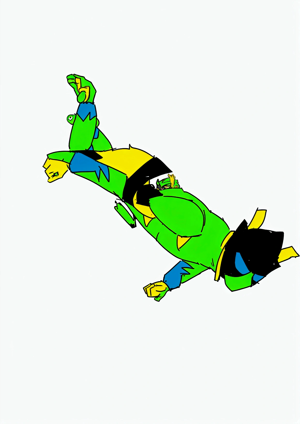 cartoon of a green and yellow bird flying through the air, positing on rock super hero pose, basil flying, super super dynamic dynamic pose, arms akimbo pose, style of jet set radio, heroic jumping pose, heroic action pose, as an anthropomorphic turtle, anthropomorphic turtle hero, merged character, character is flying