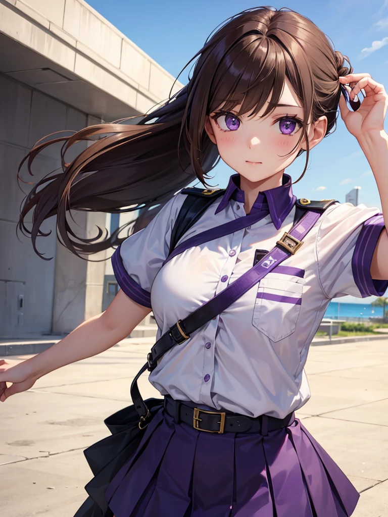 girl, brown hair tied in two, purple eyes, wear uniform, her hair is tied. strong girl