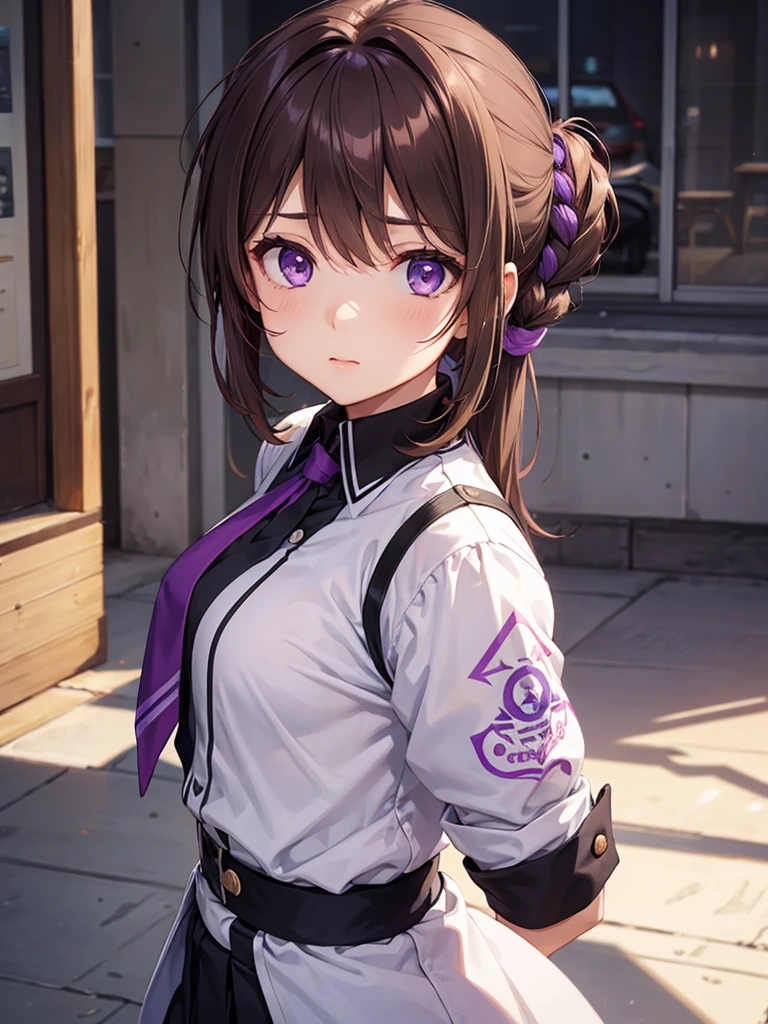 girl, brown hair tied in two, purple eyes, wear uniform, her hair is tied. strong girl
