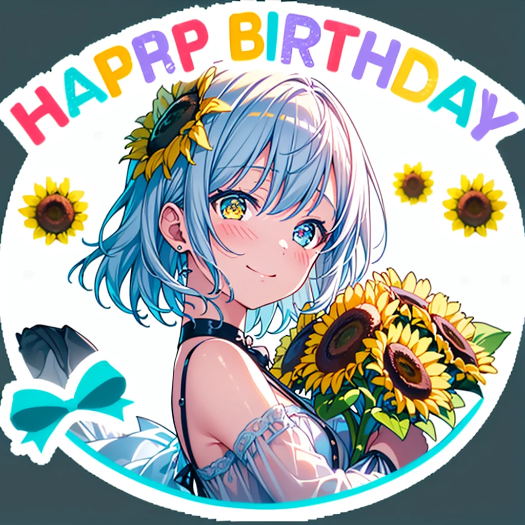 Best quality、Photorealistic、Ultra-detailed、delicate、Orderly、High Detail、Bluish Silver Short Bob、(Drooping heterochromia iris,glowing eyes、Sparkling Eyes:1.3)、slender、(One girl:1.2)、(sun、noon、A sky filled with cumulonimbus clouds、blue sky、Sunflower flower garden、Bursting light、Girl in a dynamic pose、Girl holding a bouquet of sunflowers、Dynamic Angle、Dutch Angle、Off the shoulder、Sundress、Happy Birthday Letters、Smiling Girl:1.3)、ambient occlusion、Ambient Light、Ray-traced Reflections、Glow、Shiny Hair、