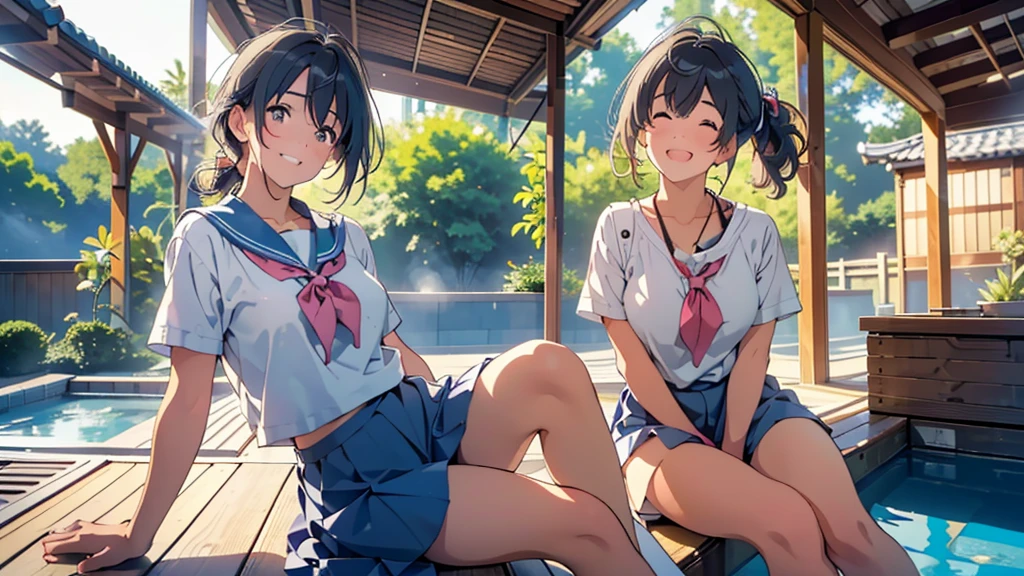 masterpiece,best quality, ultra high res,(beautiful girl:1.4), (beautiful Busty breasts:1), (happy:1.2), (enjoy:1.2), (dark hair:1), (short low ponytail:1.2), medium hair,a sexy mole around the mouth,wet lip, (burst into laughter:1.4), (squinting:1.4), (simple plain uniform:1.5),(school uniform:1), school clothes, (plain:1.8),(wearing round neck white t-shirt:1.2), upper body shot, ((In a large empty pool)), Pool cleaning, (clean), low angle from below, An old anime school girl character sitting sitting in the terasse of an old japanese house, relaxing at the view of her garden. summer vibes. The colors are soft and pastel, with soft lighting and a nostalgic ambiance, Lo-Fi, , cute girl, side view
