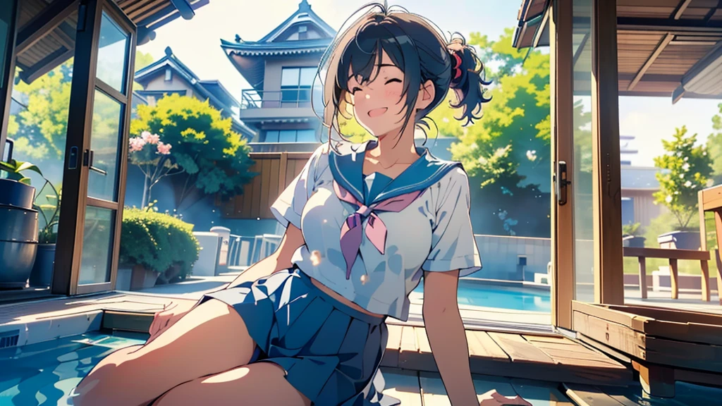 masterpiece,best quality, ultra high res,(beautiful girl:1.4), (beautiful Busty breasts:1), (happy:1.2), (enjoy:1.2), (dark hair:1), (short low ponytail:1.2), medium hair,a sexy mole around the mouth,wet lip, (burst into laughter:1.4), (squinting:1.4), (simple plain uniform:1.5),(school uniform:1), school clothes, (plain:1.8),(wearing round neck white t-shirt:1.2), upper body shot, ((In a large empty pool)), Pool cleaning, (clean), low angle from below, An old anime school girl character sitting sitting in the terasse of an old japanese house, relaxing at the view of her garden. summer vibes. The colors are soft and pastel, with soft lighting and a nostalgic ambiance, Lo-Fi, , cute girl, side view