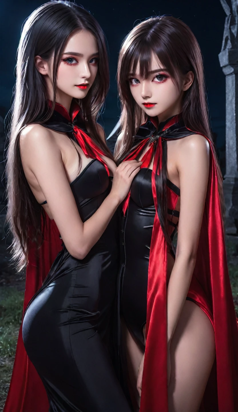vampire teeth , ((((nighttime))) , 2girls,looking at each other in the eye, long hair , RAW photo, high quality, film grain,simple background, presenting, beautiful, (black and red lined satin cloak tied at the neck:1.20) , biting necks , breasts,big ass, clothes lift,bottomless,  moonlit graveyard , (2girls,yuri), 