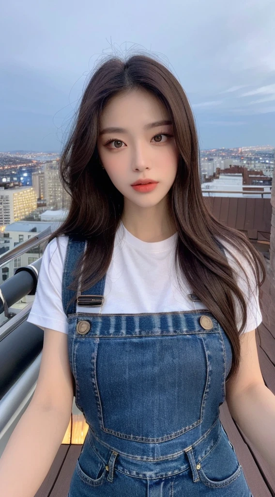 ((Midnight, Highest quality, 8K, masterpiece :1.3)), whole body, Long legs, Sharp focus :1.2, Beautiful woman with perfect figure :1.4, Slim Abs :1.1, ((Dark brown hair, Big Breasts :1.2)), (White tight T-shirt, Jean Bib, Are standing:1.2), ((Night city view, rooftop:1.3)), Highly detailed face and skin texture, Fine grain, double eyelid