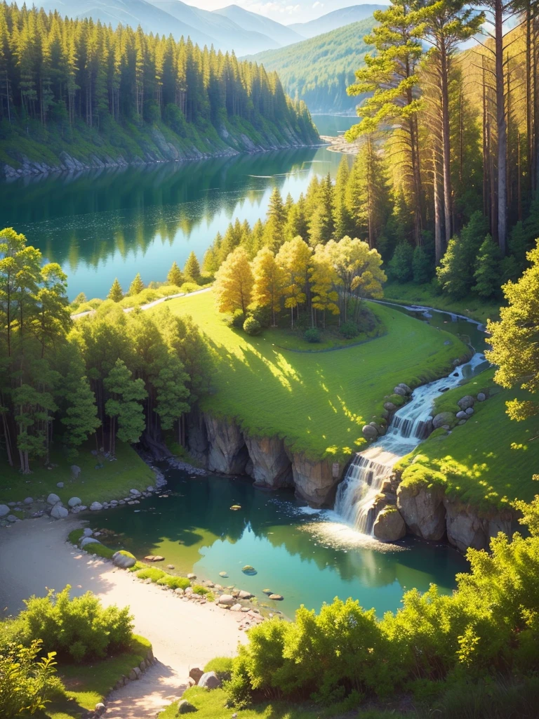 (Best Quality,4K,8K,hight resolution,masutepiece:1.2),Ultra-detailed,(Realistic,Photorealistic,Photorealsitic:1.37),Scenic,Nature,Gorgeous landscapes,Mesmerizing view,Colorful,calm mood,fresh air,sunlit,Transparent water,rich greenery,Thriving trees々,peaceful lake,vivid flowers,Breathtaking sunset,Golden sunlight,Gently shake the grass,The soothing sounds of nature,tranquil atmosphere,Calming effect,Exhilarating environment,Nurturing Beauty,Pristine landscape,Untouched wilderness,Natural harmony,A moment of bliss.