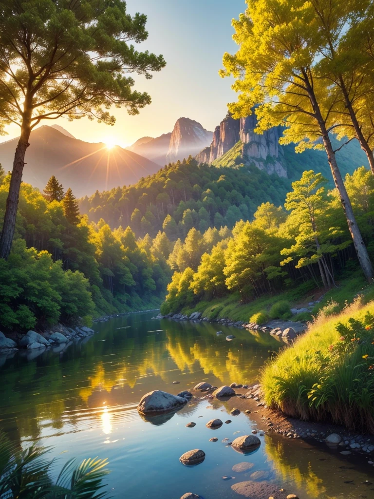 (Best Quality,4K,8K,hight resolution,masutepiece:1.2),Ultra-detailed,(Realistic,Photorealistic,Photorealsitic:1.37),Scenic,Nature,Gorgeous landscapes,Mesmerizing view,Colorful,calm mood,fresh air,sunlit,Transparent water,rich greenery,Thriving trees々,peaceful lake,vivid flowers,Breathtaking sunset,Golden sunlight,Gently shake the grass,The soothing sounds of nature,tranquil atmosphere,Calming effect,Exhilarating environment,Nurturing Beauty,Pristine landscape,Untouched wilderness,Natural harmony,A moment of bliss.