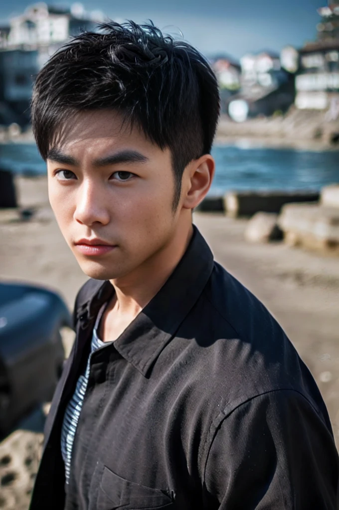photorealistic ,A young Asian man with large muscles looks at the camera. In a black button-down shirt , seaside beach sunshine looking at the beach