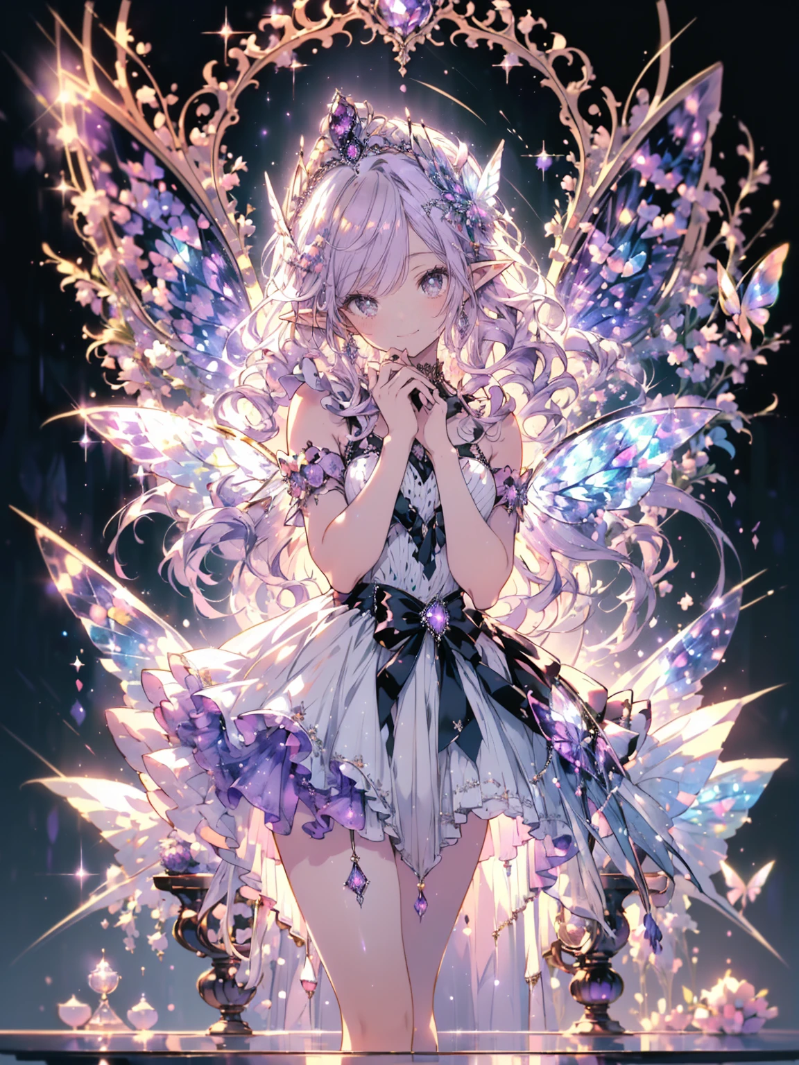 (masterpiece,highest quality, very detailed, beautiful, exquisite, 16k, Full HD),((body whole)), ((white background)),((smile,Happy:1.5)),((frills, rhinestone and amethyst,Sparkling purple fluffy layered ball gown)),((show off the dress:1.5)),((butterfly wings)),(amethyst tiara,amethyst choker,amethyst earrings,amethyst shoes,),(pink medium hair,hair blowing in the wind, fluffy hair),(white skin,lavender eyes, long eyelashes, Big eyes,pale pink cheeks, pointed ears),dazzling light, warm lighting, (pastel colour,table top, art station, fantasy art:1.2),
