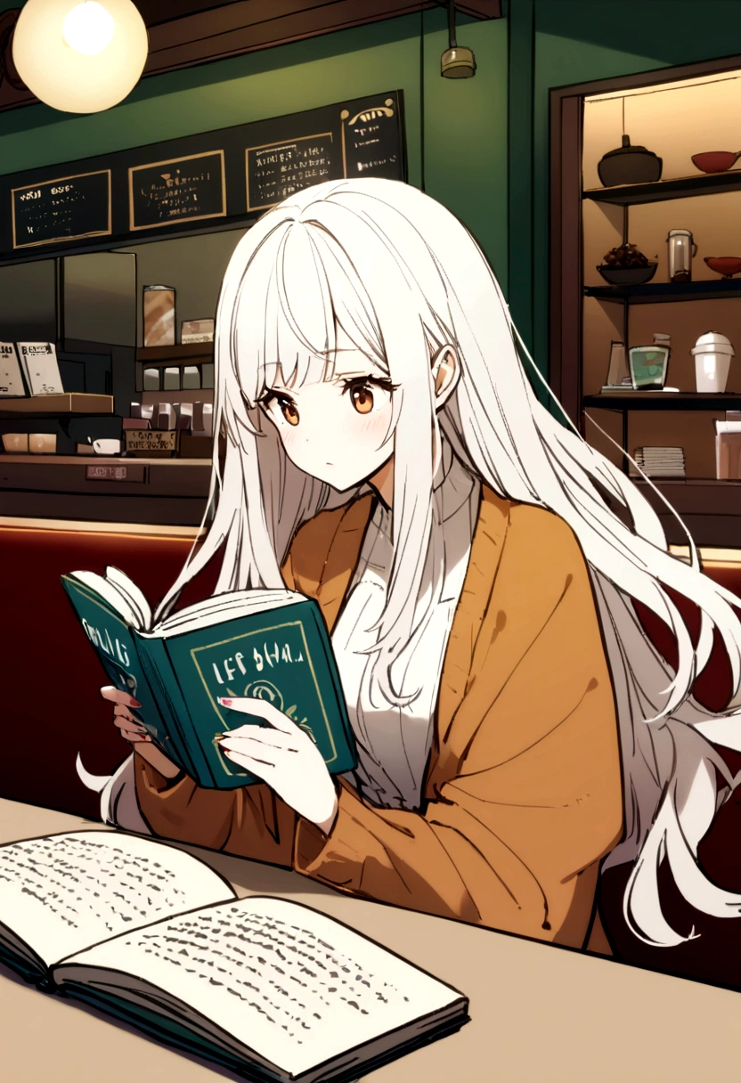 1girl, white long hair, reading a book, coffee shop