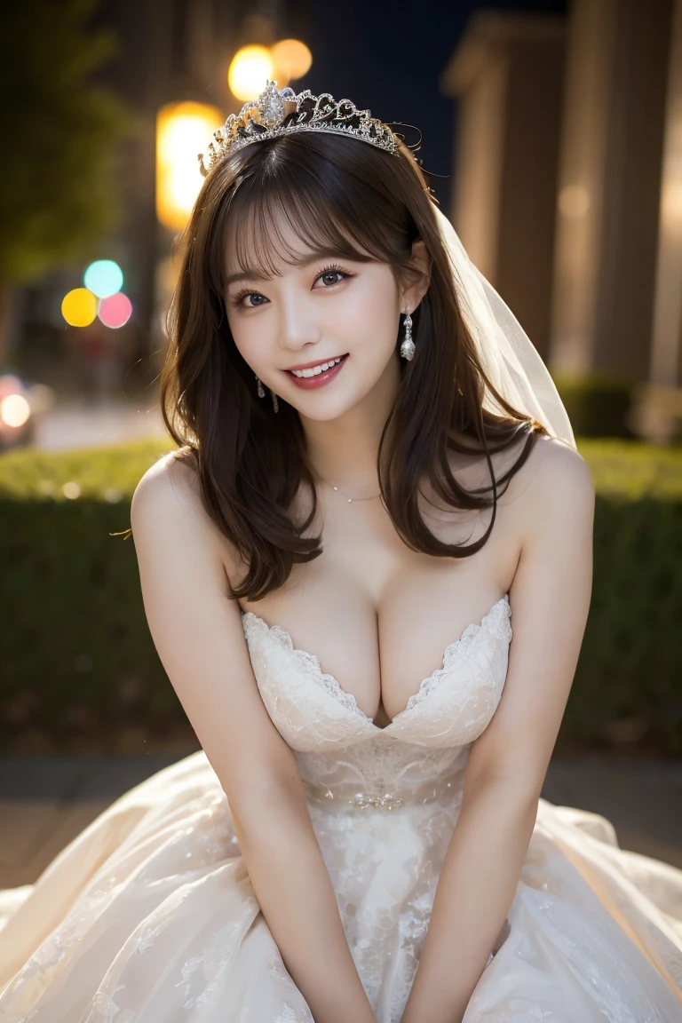 Beautiful night view, Highest quality, shape, Very detailed, In detail, High resolution, 8k wallpaper, Perfect dynamic composition, Beautiful details, Natural Lip, A gorgeous wedding dress and a tiara on her head , Big Breasts, Cleavage, She opens her legs in a sexy pose、She is laughing with her pussy exposed.., A masterpiece of the whole body,