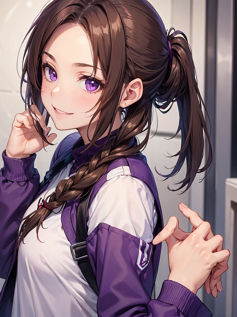 girl, brown hair tied in two, purple eyes, wear uniform, her hair is tied. strong girl, smile glare