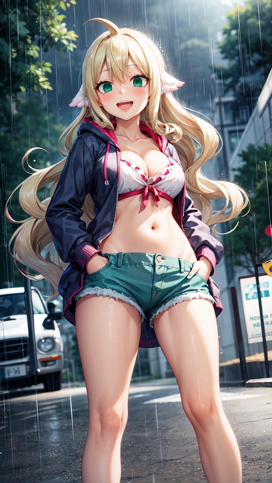 Masterpiece ,best quality , high resolution , (1 girl solo:1.38) , (mavis, long hair, blonde hair, (green eyes:1.5), ahoge, wavy hair) , (cleavage:1.2) , (medium breast:1.28) , (wear hoody , belly , navel , denim_micro_short,hands in pockets , stockings ) , (cleavage:1.15) , (big breast:1.1) , (face view , look at view , looking down , from below , low angle view) , (outdoor , street , on road , raining , vivid rain) , (standing , thighs ) , ( smile , open mouth , full face blush , shy )