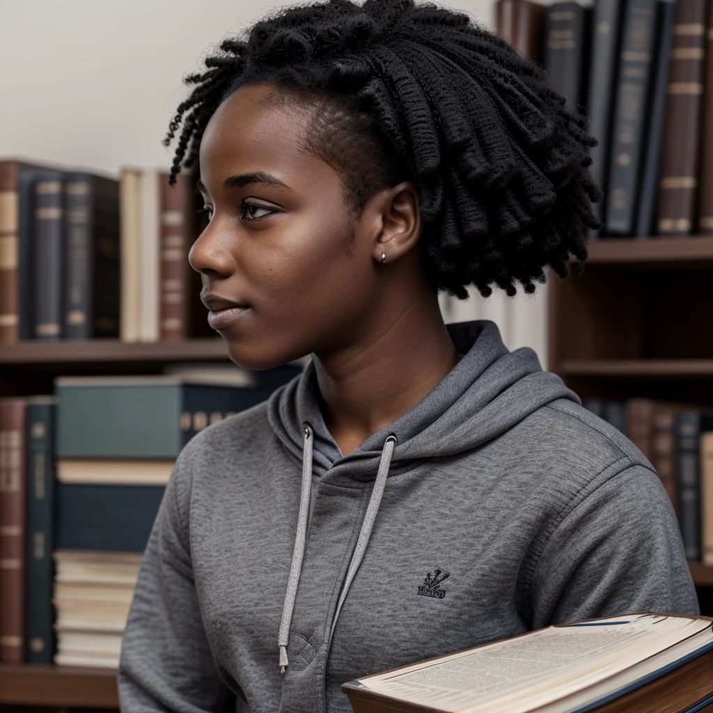 A detailed side view image of a young Black student with short hair, holding a stack of books, casual clothing, high-resolution, photorealistic, background: 100% white