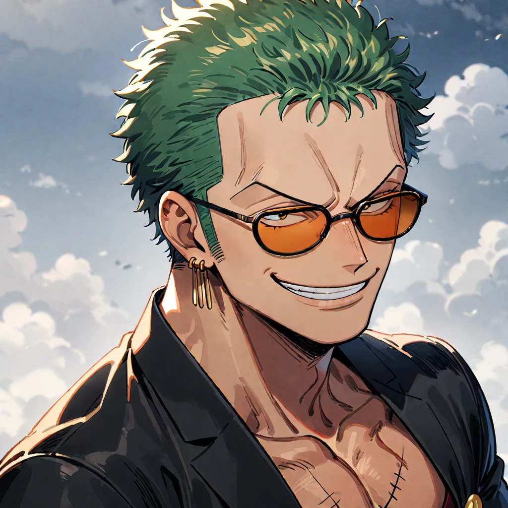 1boy, Roronoa Zoro, from One Piece, center, smirk, wearing a black suit and orange sunglasses, with three earrings on his left ear, in a cloudy sky background, masterpiece, best quality, very aesthetic, absurdres, ((medium quality)), ((medium quality))