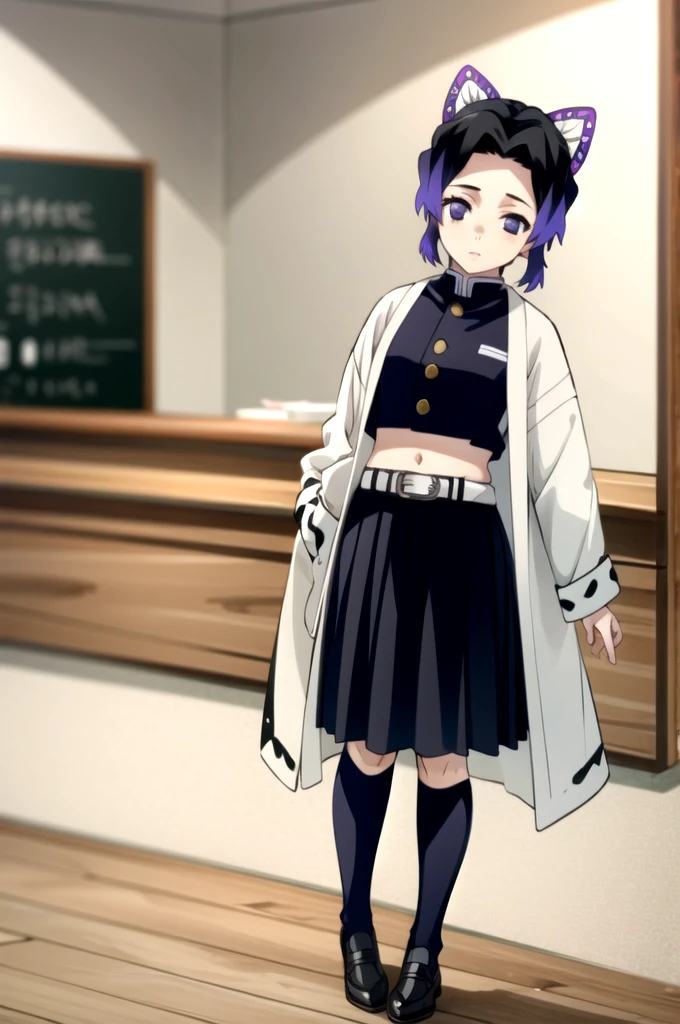 EFT_Shinobu, 1girl, kochou shinobu, ((demon slayer uniform,crop top, black skirt)), butterfly hair ornament, solo, hair ornament, purple hair, multicolored hair, purple eyes, black hair, gradient hair, belt, short hair, sheath, long sleeves, empty eyes, parted bangs, no pupils, bangs, white belt, blurry background, indoors, full body, blurry. standing, hands down, bare shoulder,