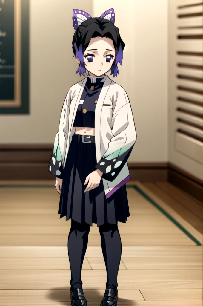 EFT_Shinobu, 1girl, kochou shinobu, ((demon slayer uniform,crop top, black skirt)), butterfly hair ornament, solo, hair ornament, purple hair, multicolored hair, purple eyes, black hair, gradient hair, belt, short hair, sheath, long sleeves, empty eyes, parted bangs, no pupils, bangs, white belt, blurry background, indoors, full body, blurry. standing, hands down, bare shoulder,