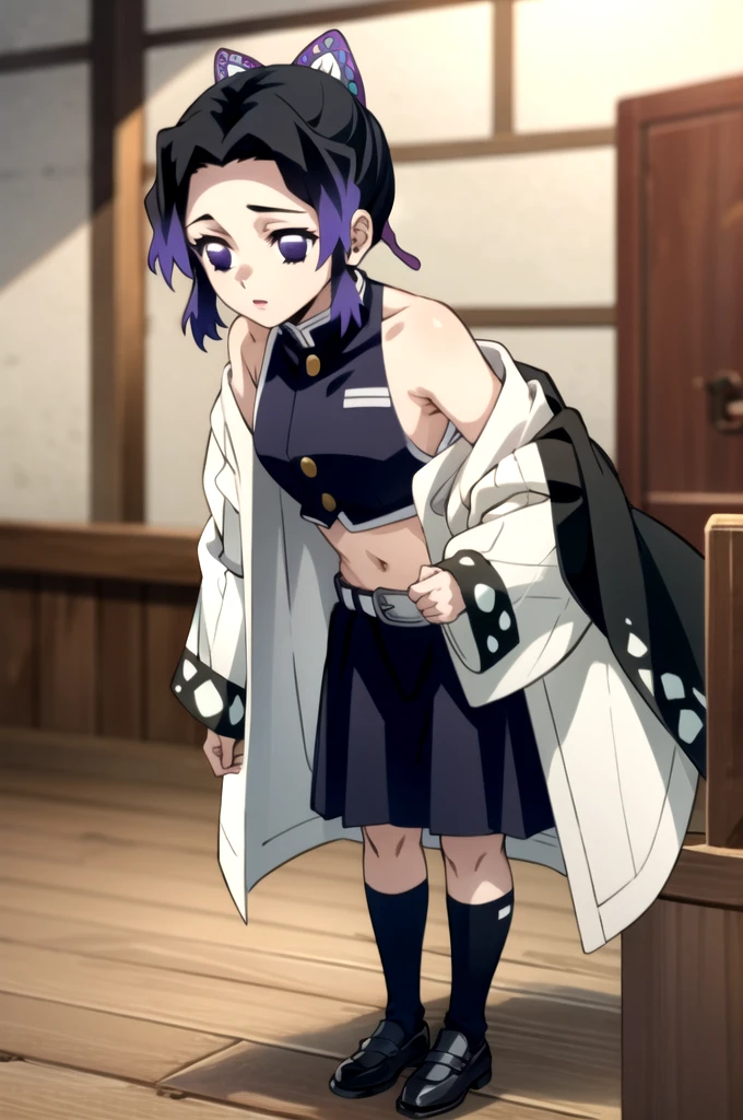 EFT_Shinobu, 1girl, kochou shinobu, ((demon slayer uniform,crop top, black skirt)), butterfly hair ornament, solo, hair ornament, purple hair, multicolored hair, purple eyes, black hair, gradient hair, belt, short hair, , long sleeves, empty eyes, parted bangs, no pupils, bangs, white belt, blurry background, indoors, full body, blurry. standing, hands down,  shoulder, 