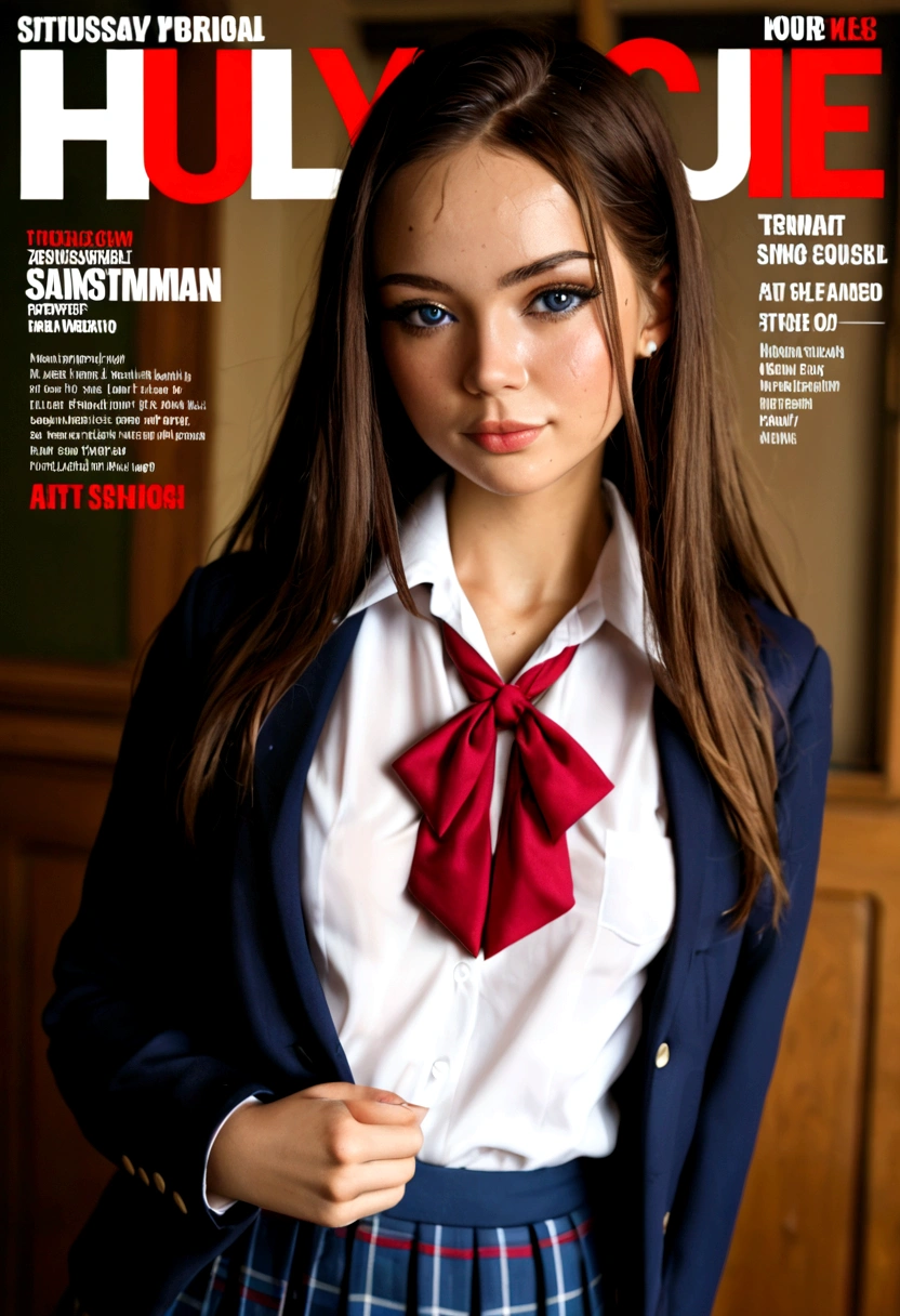 Magazine cover，Long hair，,Beautiful sexy schoolgirl(Wear a school uniform),,(Smooth skin),E7E48U，Small Breasts，Sweating all over，pubic hair