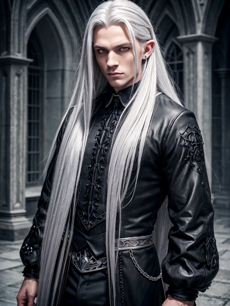 (best quality), 1boy, Male, mature, 30 years old, pale skin, silver hair, long hair, straight hair, red eyes, perfect eyes, pointed ears, gothic clothes, muscular, handsome, broad, masculine, masterpiece, anatomically correct, highres
