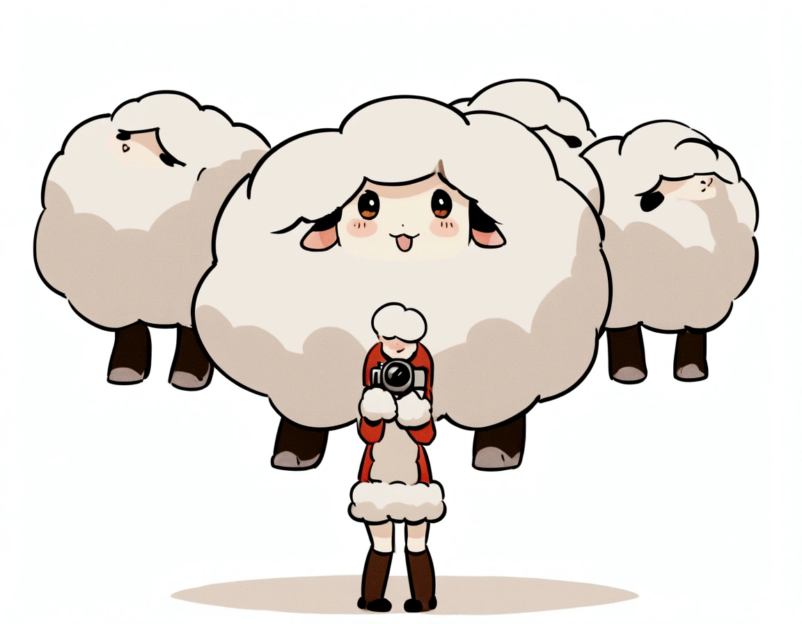 Only white background、Fluffy sheep-like clothing、smile、The cutest in the world、Photograph your whole body from the front、Knee-high socks、Looking up、Standing pose、Covers from head to toe!、Take a full-body photo!!!The camera is in front、Shadows are anime style、Especially the face is drawn cutely.、Put your whole body into it、Calm personality