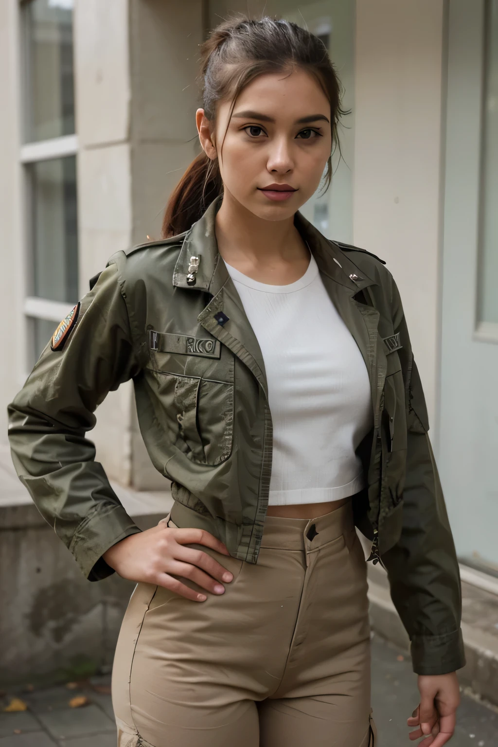 A army female commando wearing army officer coat high rank uniform standing ponytail hairstyle