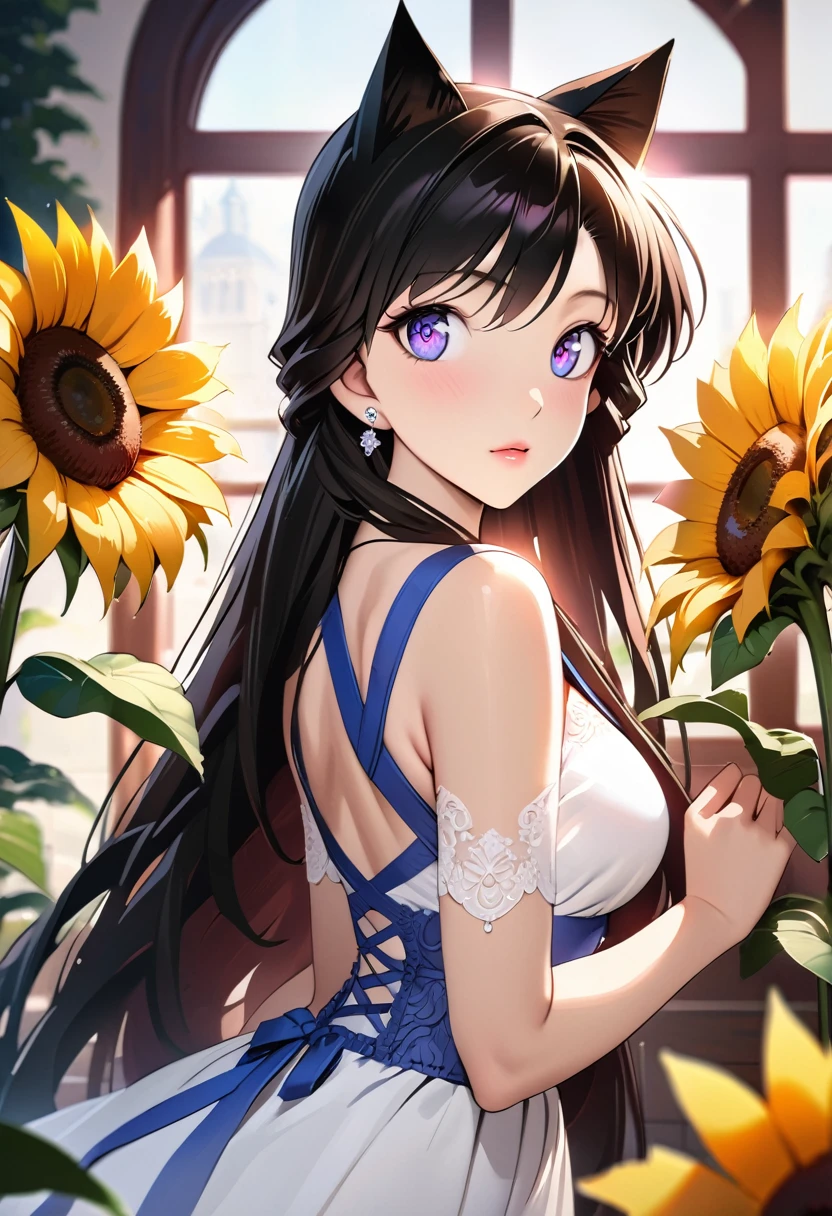 (masterpiece, best quality, HDR, bright colors:1.4), ((very detailed)), high resolution, anime style, photo, detailed background, 1 black-haired beauty holding sunflower, movie light and shadow, stunning facial features, piercing eyes, delicate nose, luscious lips, long eyelashes, graceful pose, flowing hair, beautiful dress, natural sunlight, vibrant colors, soft shadows, cinematic atmosphere, intricate details, photorealistic, flawless skin