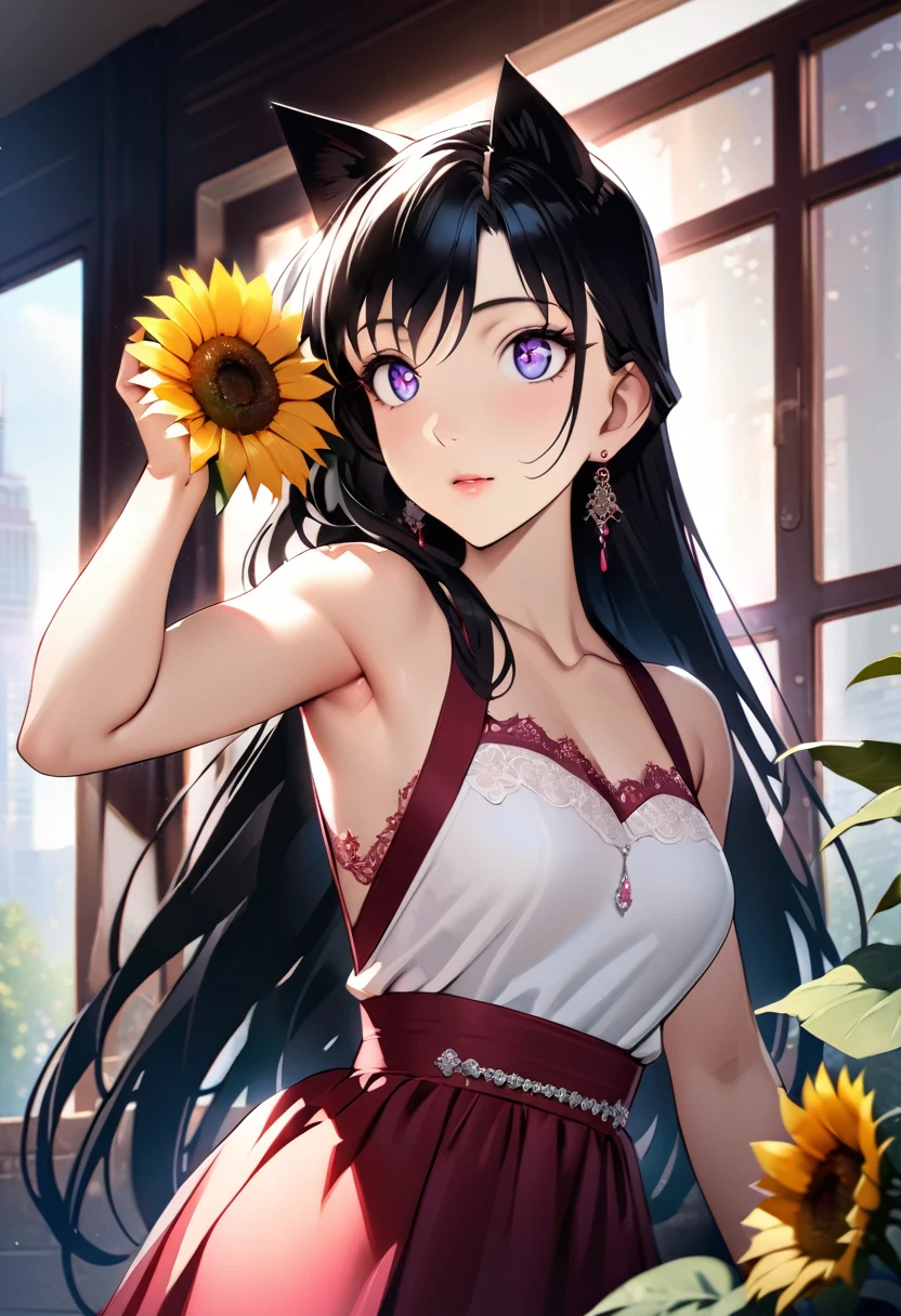 (masterpiece, best quality, HDR, bright colors:1.4), ((very detailed)), high resolution, anime style, photo, detailed background, 1 black-haired beauty holding sunflower, movie light and shadow, stunning facial features, piercing eyes, delicate nose, luscious lips, long eyelashes, graceful pose, flowing hair, beautiful dress, natural sunlight, vibrant colors, soft shadows, cinematic atmosphere, intricate details, photorealistic, flawless skin