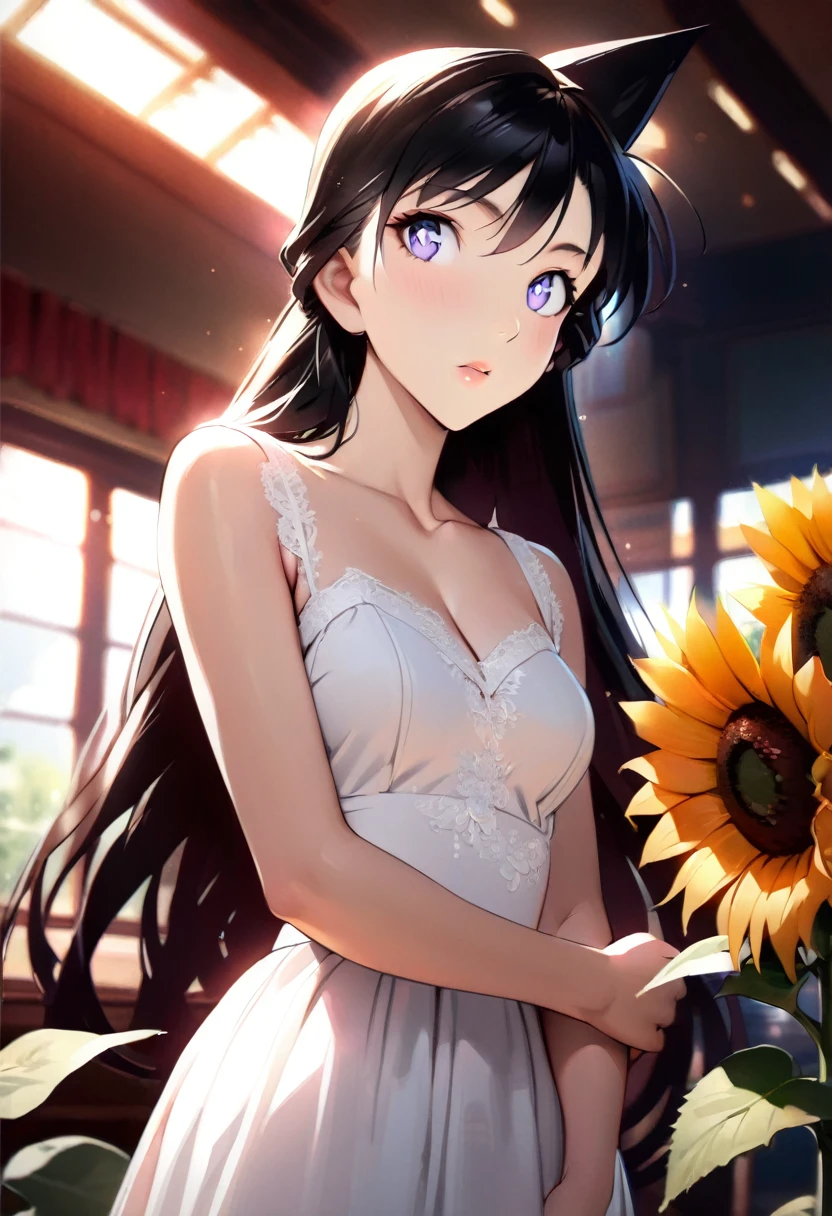 (masterpiece, best quality, HDR, bright colors:1.4), ((very detailed)), high resolution, anime style, photo, detailed background, 1 black-haired beauty holding sunflower, movie light and shadow, stunning facial features, piercing eyes, delicate nose, luscious lips, long eyelashes, graceful pose, flowing hair, beautiful dress, natural sunlight, vibrant colors, soft shadows, cinematic atmosphere, intricate details, photorealistic, flawless skin