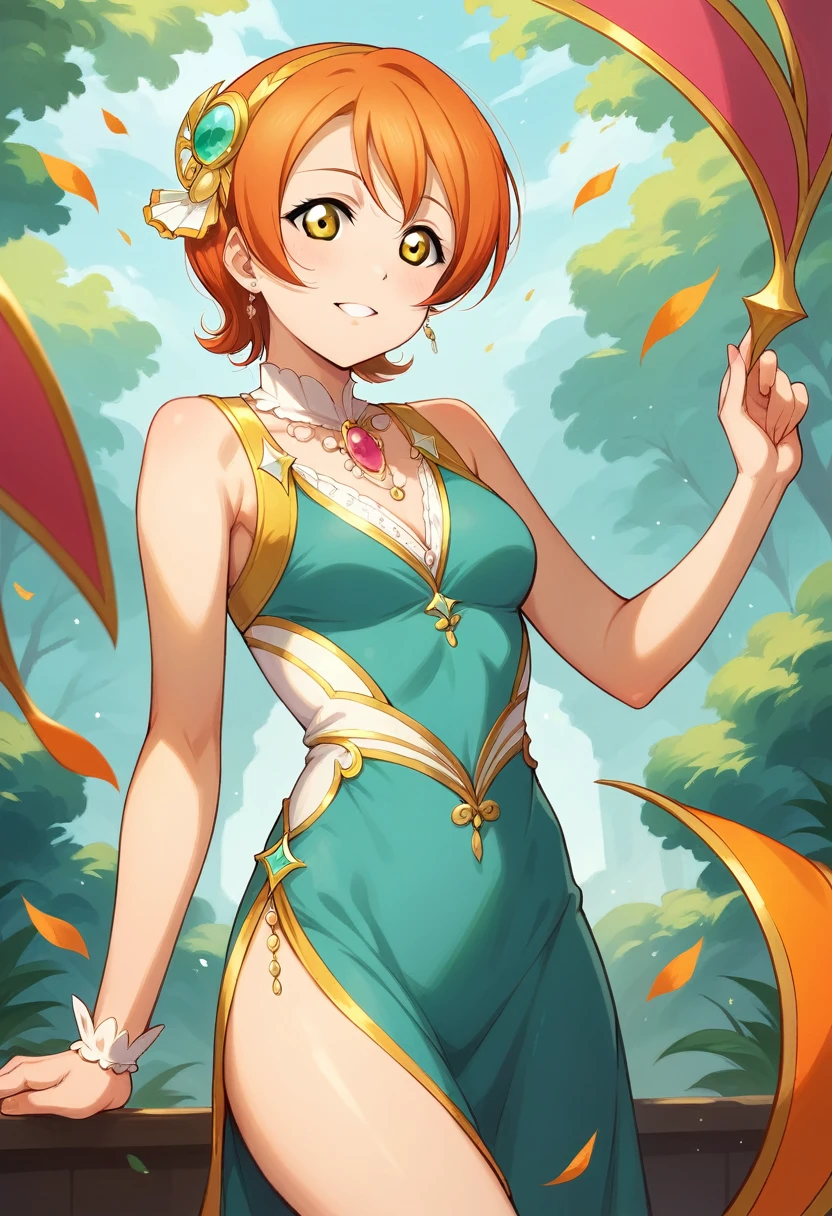 (​best quality,highres,masterpiece),solo, realistic art,Hoshizora rin love live, orange hair, yellow eyes, side slit dress