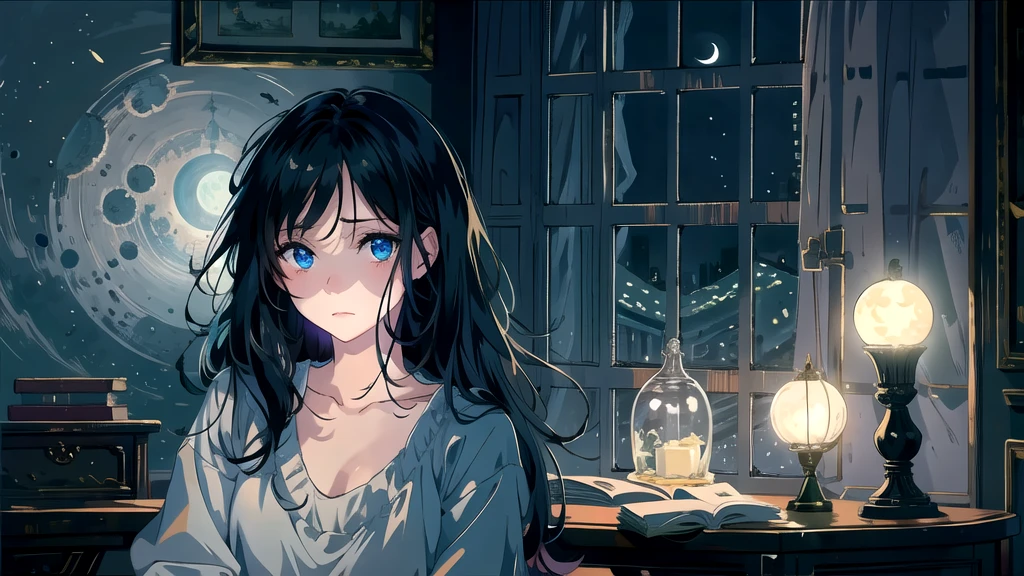 Create an illustration of a girl with black hair and blue eyes, sitting in a chair in front of a desk, Sentimental, Introspective look。, The moonlight gently shines into the room, Gently illuminate the space, Curtains sway in the wind, Increase tranquility, Dark mood, Emphasise the theme of loneliness, silence, And the depths of night, The room is dark、dimly lit by the moonlight